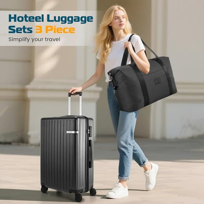 Hoteel Luggage Sets 3 Piece, 4-Yr Warranty, PC+ABS Suitcases with Wheels and Side Hook, Hardshell 20 inch Luggage with Duffel Bag Travel Bag, Black(20/DB/TB) - color: Black, size: 3 Piece Set (20/DB/TB)