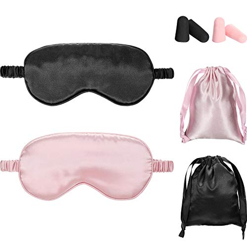 Silk Satin Sleeping Mask Eye Mask Set Include 2 Blindfold Eyeshade Elastic Strap Double Layer Silk Filling Eye Cover 2 Ear Plugs 2 Storage Bags for Women and Men Sleep Travel Nap (Black, Pink) - color: Black, Taro Purple