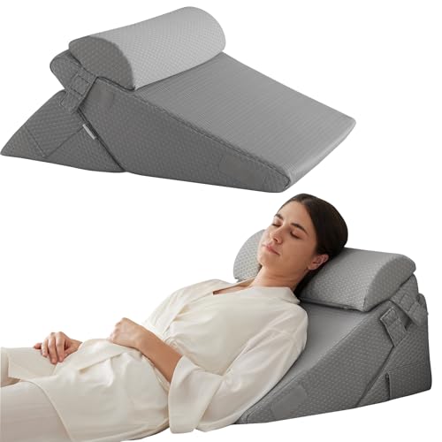Bedluxe 3Pcs Orthopedic Bed Wedge Pillow Set, Foam Wedge Pillow Post Surgery for Back, Leg and Knee Support, Adjustable 9&12 Inch Folding Triangle Pillow for Sleeping, Acid Reflux, Snoring, Grey - color: Grey, size: Adjustable 9&12 Inch + 1 Head Pillow