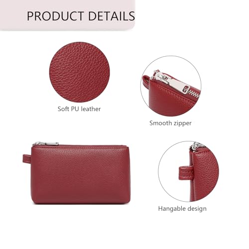 30 Color PU Faux Leather Travel Toiletry Bag for Women, Mini Cosmetic Pouch Organizer with 2 Dividers, Easy Clean Makeup Bag for Purse, Gift Idea (PU Faux Leather/Encore Red) - color: PU/Encore Red