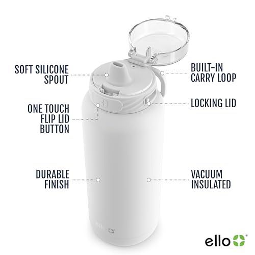 Ello Cooper 18oz Kids Stainless Steel Water Bottle with Straw and Carry Handle, Double Walled and Vacuum Insulated Metal, Leak Proof Locking Lid with Soft Silicone Spout, Reusable, BPA Free, White - color: White, size: 18 Ounces