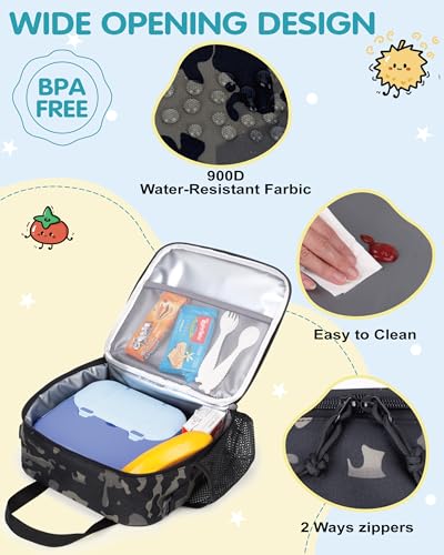 Tactical-style Lunch Bag 5L Kids Lunch Bag with Adjustable Shoulder Strap Easy to Clean Leakproof Wipeable liner Toddler Lunch Box Bag for Boys Girls School and Daycare - color: Black Camo