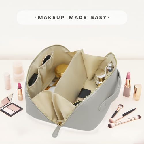 Travel Makeup Bag – Large Cosmetic Organizer with Waterproof PU Leather, Smooth Double Zipper & Tear-Resistant Lining, Toiletry Pouch for Women (Grey) - color: 01-Grey