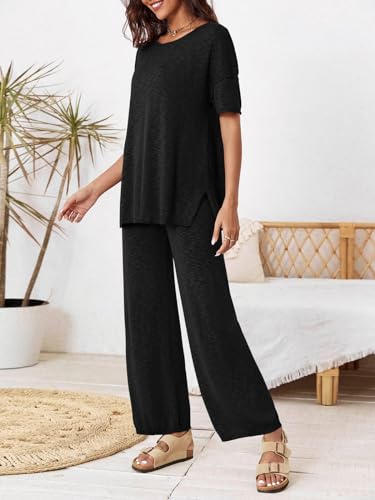 Tankaneo Women's 2 Piece Travel Outfits Casual Short Sleeve Knit Sweater Set Wide Leg Pants Lounge Sets Tracksuit - color: Black, size: Large
