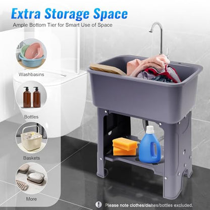 Utility Sink Laundry Tub Freestanding Utility Sink with Faucet & Washboard & Inlet+Drain Pipe Laundry Sink with Storage Shelf Outdoor Sink for Laundry Room, Basement, Garage - color: Gray, 23.6 x 15.7 x 30.1in