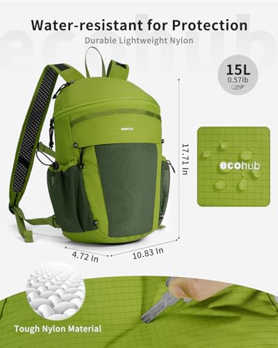ECOHUB 15L Lightweight Casual Daypack, Packable Backpack for Daily Use, Hiking & Travel, Foldable Small Backpack with Stretch Mesh Pockets, Water-Resistant Nylon, Reflective Design - color: Green