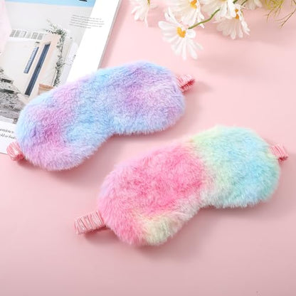 2 Pack Plush Sleeping Eye Mask Soft Plush Eye Mask Fuffy Eye Cover Comfortable Sleep Mask Blindfold Rainbow Faux Fur Eye Shade for Women, Men and Kids Travel Nap Sleeping - color: Rainbow