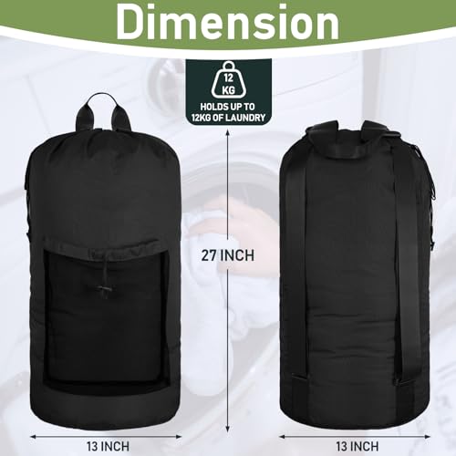 Laundry Bag Backpack, Large Travel Laundry Bags with Shoulder Straps & Mesh Pocket Durable Polyster Clothes Hamper Bag for College Laundromat Apartment (Black, Large) - color: Black, size: Large