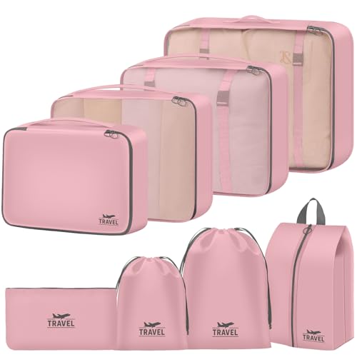 Packing Cubes for Travel - 8 Set Luggage Organizer Bags for Family, Mesh Breathable Packing Cubes for Suitcases Durable Travel Essentials Bags Set - color: Gray Pink
