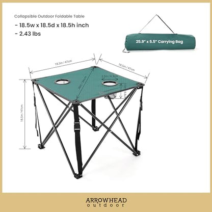 ARROWHEAD OUTDOOR 26” (66cm) Portable Camping Folding Table, 2 Cup Holders, Square, Carrying Case, Steel Frame, High-Grade 600D Canvas - color: Green 2pack