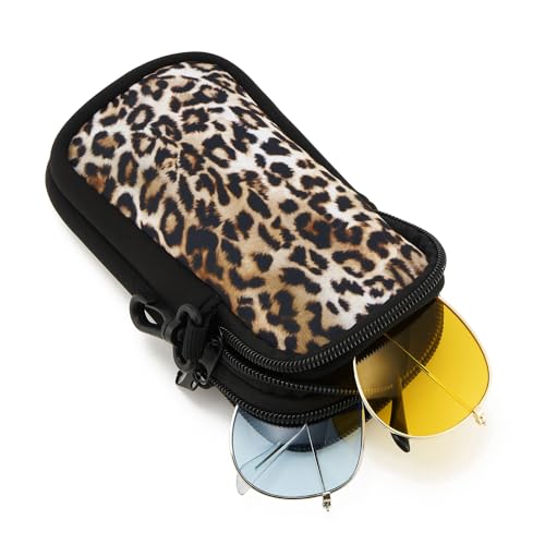 QIUTIMIY Sunglasses Soft Case Zipper Double Eyeglass Case with 2 Compartments 1 Belt Clip - color: Leopard2