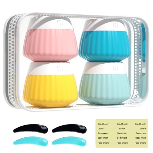 4 Pack Travel Size Silicone Cream Containers, Leak Proof Refillable Toiletry Bottles for Toiletries with 4 Scoops, Labels and Clear Bag, Suitable for Travel Shampoo and Conditioner Bottles (D) - style: D