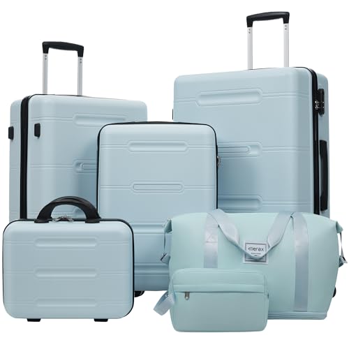 Merax Luggage Set 6 Piece,Lightweight Hardshell Suitcase with Double Spinner Wheels Handle Password Lock,14 IN Cosmetic Case 20/24/28 IN Luggages with Duffel Bag and Toiletry Bag,Light Blue - color: Light Blue, style: 14+20+24+28+bags