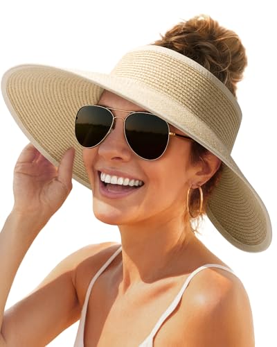 FURTALK Sun Hats for Women Wide Brim Beach Hat Straw Visor Ponytail Summer UV Packable Foldable Beach Vacation Essentials - color: 06-mix Beige