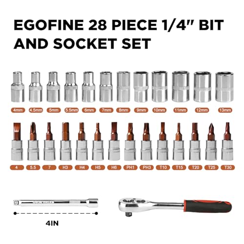 Egofine 28pcs 1/4 Inch Ratchet Socket Wrench Set, Drive Socket Set with 12 Sockets and 14 Bit Socket Set, with Extension Bars - size: 1/4, style: 28PC Standard Socket Set