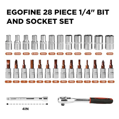 Egofine 28pcs 1/4 Inch Ratchet Socket Wrench Set, Drive Socket Set with 12 Sockets and 14 Bit Socket Set, with Extension Bars - size: 1/4, style: 28PC Standard Socket Set