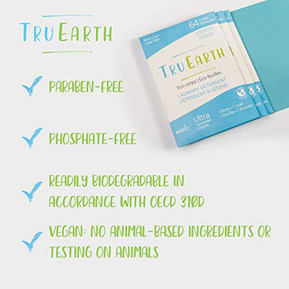 Tru Earth Compact Dry Laundry Detergent - Up to 128 Loads (64 Sheets) - Paraben-Free - Original Eco-Strip Liquidless Detergent, Travel - Fresh Linen | Packaging May Vary - size: 64 Count (Pack of 1)