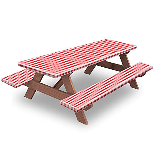 8ft Picnic Table and Bench Cover, Camping Essentials RV Gear, 96 in Waterproof Windproof Outdoor Elastic All Around Tablecloth, Fitted Rectangle Tables and Seats, Red-White Checkered - color: Red-white Checkered, size: 96"