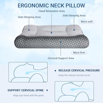 Cervical Neck Pillow for Sleeping - Ergonomic Side Sleeper Pillows for Pain Relief, Contour Cervical Pillow for Neck Support, Orthopedic Memory Foam Pillows for Side Back Stomach Sleepers (26″x15″)