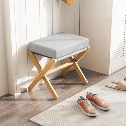 BAMBOOHOMIE Foldable Foot Stool Ottoman, Modern Foot Rest with Bamboo X Legs & Thick Foam Cushion, Folding Foot Stools Small Padded for Bedroom Living Room, Footstool for Chair Couch (Natural - Grey) - color: Natural - Grey