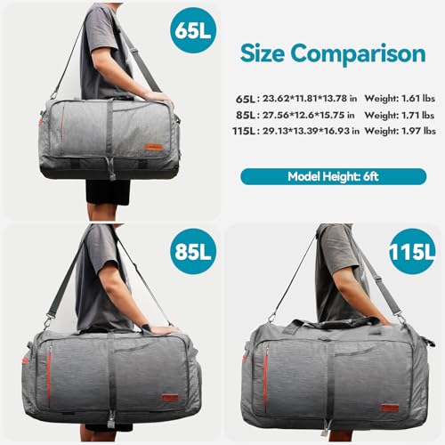 Canway 85L Travel Duffel Bag, Foldable Weekender Bag with Shoes Compartment for Men Women Water-proof & Tear Resistant - color: Textured Grey, size: 85L