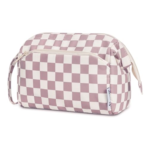 Narwey Checkered Makeup Bag Women Wide-open Make up Bag Travel Cosmetic Bag Organizer Toiletry Bag for Cosmetics Toiletries Accessories (Dusty Rose Checkerboard) - color: Z-Dusty Rose Checkerboard