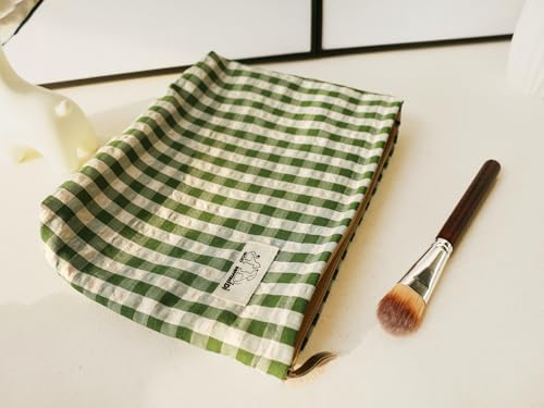 HAPPYHEIDI Large Cute Green Checker Makeup Bag with Compartment Cosmetic Travel Pouch, Nylon Fabric, Purse Organizer, Canvas Lined, Beige Plaid - color: 001 SX427 Green Gingham Canvas
