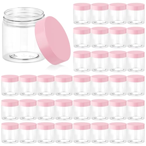 Eternal Moment 36 Pack 4 OZ Plastic Jars Round Clear Cosmetic Container Jars with Pink Lids, Perfect for Lotion, Slime，Cream, Ointments, Makeup, Eye Shadow, Samples, Pot, Travel Storage - color: Pink Lid, size: 4 Ounce