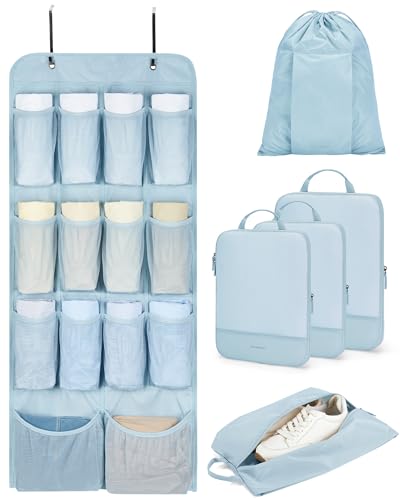BAGSMART Hanging Compression Packing Cubes for Closet Organizers And Storage, 6 Set Suitcase Organizer Bags Set, Cruise Travel Essentials for Women | Hanging - color: Light Blue