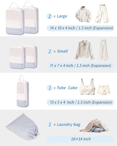 Narwey 6 Set Compression Packing Cubes for Travel Women Men, Travel Cubes for Carry On Suitcase, Durable Compression Luggage Organizer Bags - color: ZY-Greyish Blue Stripe