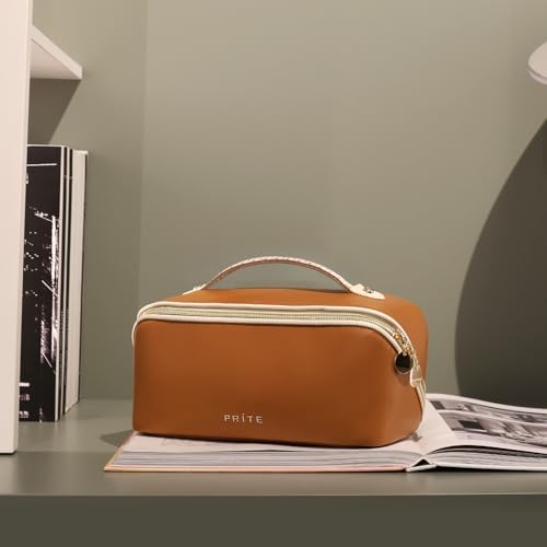 Prite Makeup Bag for Women Travel Waterproof Vegan Leather Cosmetic Bag Open Flat Toiletry Bag With Clear Divider and Handle (New Brown, Medium) - color: New Brown, size: Medium