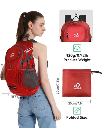 WATERFLY Lightweight Packable Hiking Backpack: 30L Foldable Travel Daypack Ultralight Camping Day Pack for Woman Man - color: Red