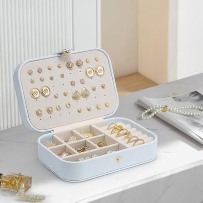 VLANDO Travel Jewelry Case, PU Leather Travel Jewelry Box with Earring Holder, Portable Display Mini Jewelry Case for Mothers Day Women Girls Gift - Blue - color: D.Blue