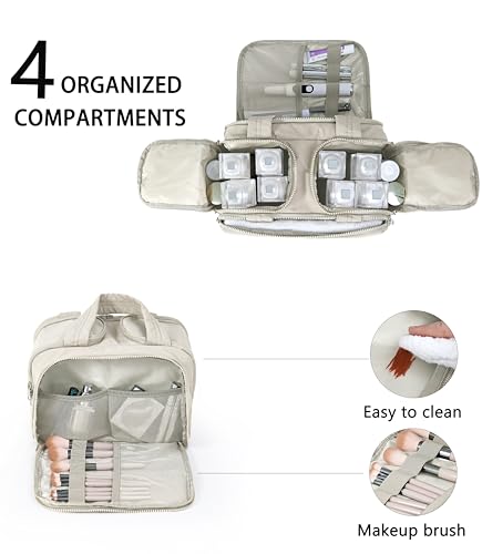 Travel Toiletry Bag for Women, Large Wide-open Puffy Cosmetic Makeup Bag with Wet-Dry Separation, Multi-Pocket Organizer with Carry Handle for Toiletries, Cosmetics, Essentials, Beige - color: Beige