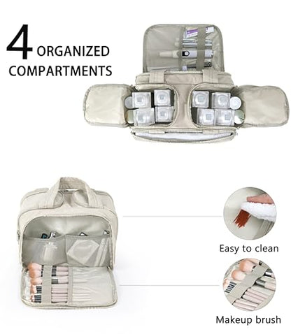 Travel Toiletry Bag for Women, Large Wide-open Puffy Cosmetic Makeup Bag with Wet-Dry Separation, Multi-Pocket Organizer with Carry Handle for Toiletries, Cosmetics, Essentials, Beige - color: Beige