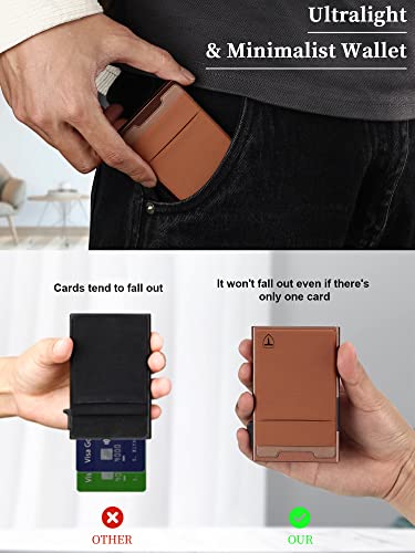 TOYFID Pop Up Credit Card Wallet for Men - Metal Slim Minimalist Cards Holder with Money Pocket - RFID Blocking Ultralight Small Aluminum Wallet - color: Brown A