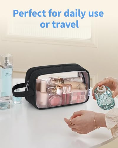 Narwey Clear Travel Toiletry Bags for Traveling Toiletries Men Women, Clear Makeup Bag Cosmetic Bag with Zipper, Make Up Pouch Organizer Bag with Handle, Skincare Beach Snack Medicine Bag, Black - color: Clear-Black
