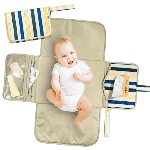 Tiny Twinkle Portable Diaper Changing Pad | Waterproof, Wipeable & Compact Baby Changing Pad for Travel | Smart Wipes Pocket & Organized Storage| Newborn Shower Gift (Retro Stripes) - color: Retro Stripes