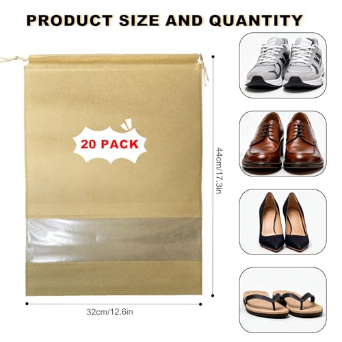 20 Pack Shoe Bags for Travel, 17" x 12.6" Drawstring Shoe Organizers with Clear Window, Breathable Non-Woven Dustproof Pouches for Luggage & Closet (khaki) - color: khaki