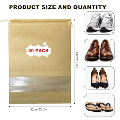 20 Pack Shoe Bags for Travel, 17" x 12.6" Drawstring Shoe Organizers with Clear Window, Breathable Non-Woven Dustproof Pouches for Luggage & Closet (khaki) - color: khaki
