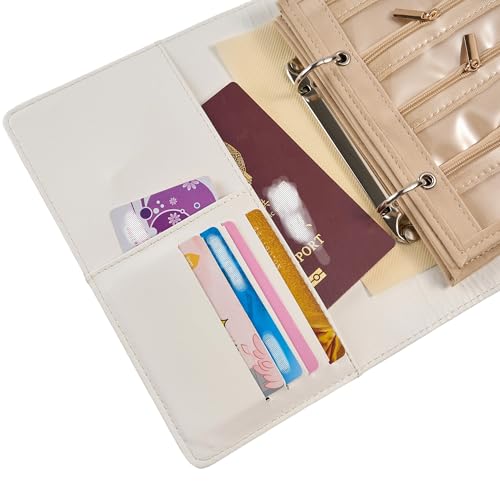 Women’s Travel Jewelry Case - Jewelry Ponch PU Leather Bag Ring Binder Organizer with Zipper Velvet Jewelry Pouches Bags - Cream White - color: Flatpattern_cream White