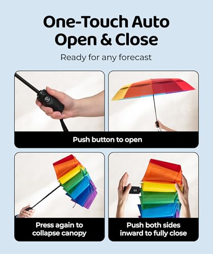 Repel Windproof Travel Umbrella - Compact & Withstands Winds up to 100MPH , Strongest Premium Auto Folding Umbrella for Rain and Sun - Durable, Light & Portable for Women & Men , Fits Backpack & Cars - color: Rainbow - Travel Umbrella (1 Pack)