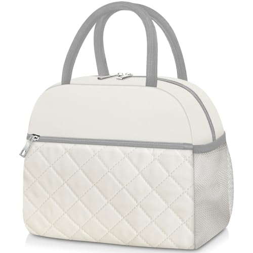 KUBYA Lunch Box for Women Adult Men Insulated Cute Quilted Lunch Bag Women Reusable Large Lunch Tote Bag Leakproof Simple Cooler Bag for Work Office Picnic Beach or Travel - color: B-Beige White, size: Medium - 10L