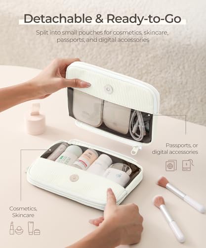 Preppy Makeup Bag, Rectangle Double Detachable Cosmetic Organizer, Clear Side Panel Portable Travel Pouches for In-Flight Essentials, Beauty & Tech Accessories, Gift for Women - color: Off-white