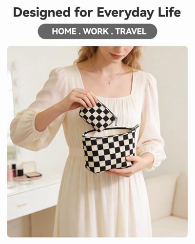2 Pcs Checkered Makeup Bag Set Corduroy Cosmetic Pouch for Women Large & Small Cute Preppy Aesthetic Black And White Travel Toiletry Pouch Organizer for Purse Skincare Brushes - style: Checkered Black Corduroy