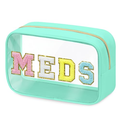 BuyCard Clear Meds Chenille Letter Bag, PVC Makeup Bag, Portable Preppy Patch Makeup Bag with Zipper, Cosmetic Toiletry Travel Storage Medicine Bag for Women Girls, Green - color: MEDS-Green, style: 1 Pcs-clear