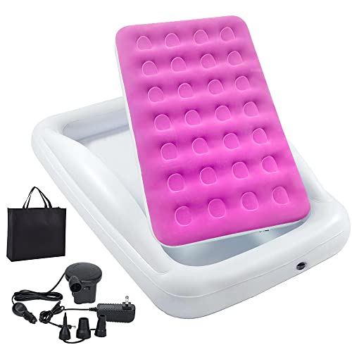 Inflatable Kids Travel Bed Toddler Air Mattress Set,Portable Blow Up Mattress Sleeping Bed Cot with Bed Rails and Electric Pump Ideal for Road Trip - color: Rose Red