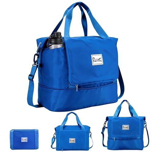 Foldable Travel Duffel Bag for Women, 40L Expandable Carry on Bag Personal Item Flight Approved, Lightweight Water Resistant Overnight Weekender Bag with Wet Pocket for Gym Travel, Blue - color: Blue