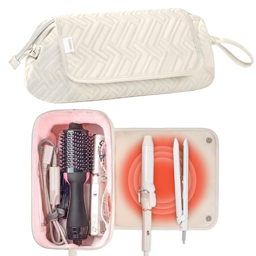 Leudes Hair Tools Travel Bag for Women Heat Resistant Mat for Travel Essentials Hot Tools Straighteners,Flat Irons,Curling Iron,Hot Air Brushes and Hair Dryer Organizer Bags 2 in 1 (Beige) - color: Beige