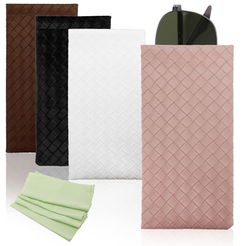 Goufaju 4 Pcs Soft Leather Squeeze Top Sunglass Case with Cleaning Cloth, Portable Eyeglass Pouch for Travel and Daily Use (Pink,Brown,Black,White & 4×Cleaning Cloth)